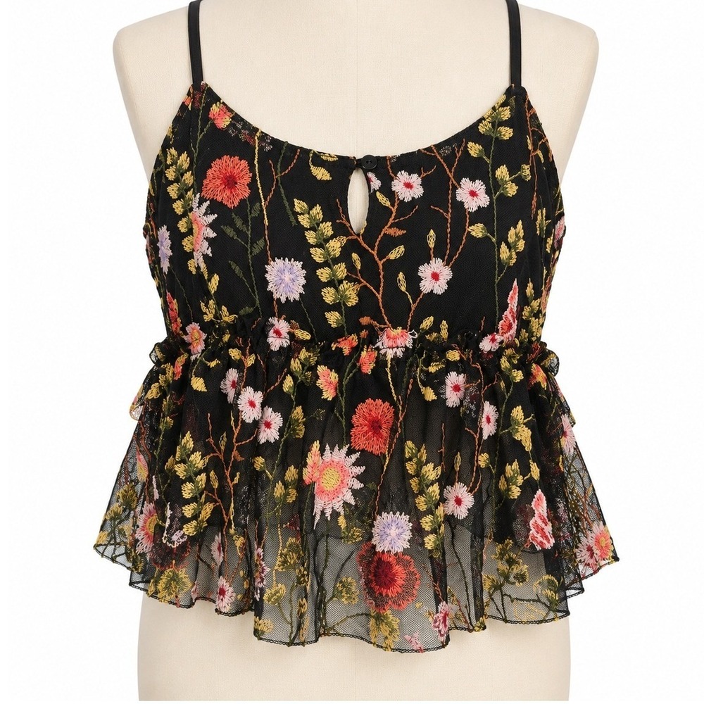 Urban Outfitters Black Floral Embroidered Mesh Babydoll Cami Top Medium Festival